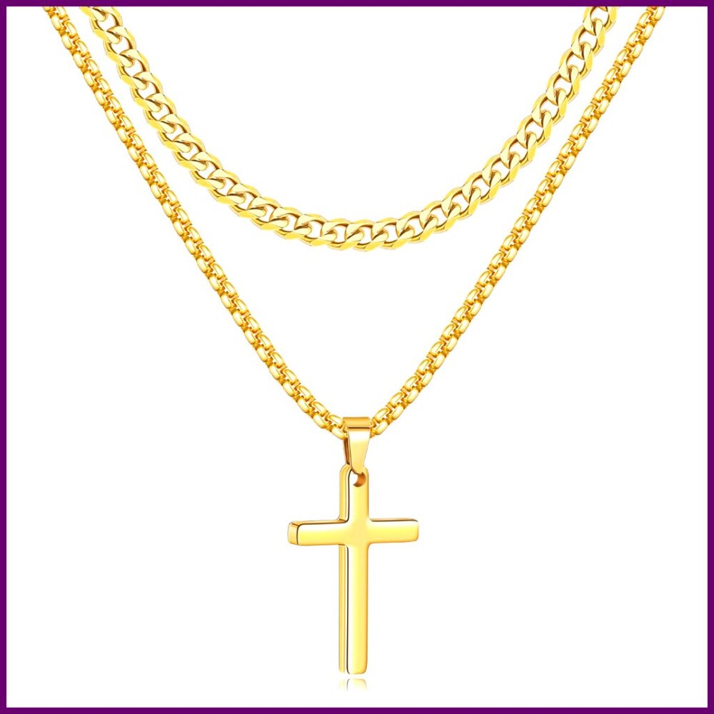 Stainless Steel Cross Pendant Necklace Set, 16-26 Inch Layered Chains